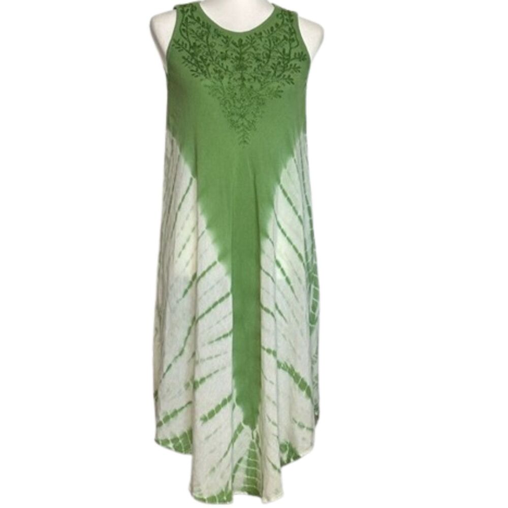 Vintage Tie Dye Embordered Sleeveless Maxi Dress Womens Medium Festival Green